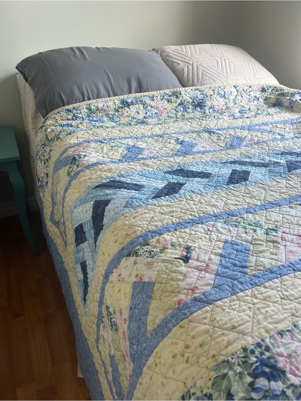 Handmade Blue Floral Patchwork Quilt - Light Blue and Yellow